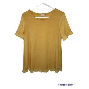Altar'd State Yellow Short Sleeve Ruffle Hem Medium Shirt